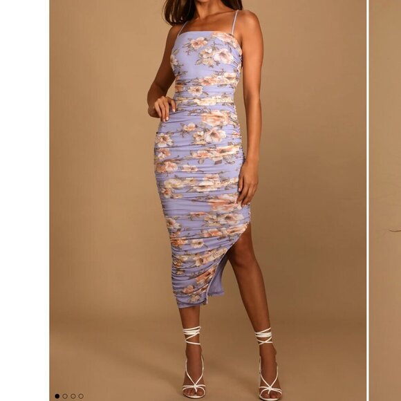 Lulus Stun and Only Lilac Floral Print Ruched Mesh Bodycon Midi Dress NWT XL - Picture 2 of 11